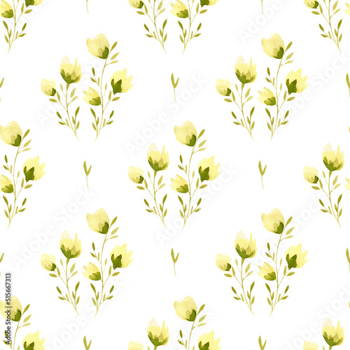 Seamless floral pattern. Watercolor background with yellow and green flowers composition for textile, wallpaper, home decor
