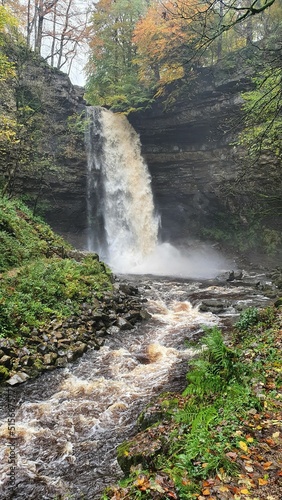 Vertical view of the Hardraw Force Waterfall in Yorkshire Dales, England, United Kingdom photo
