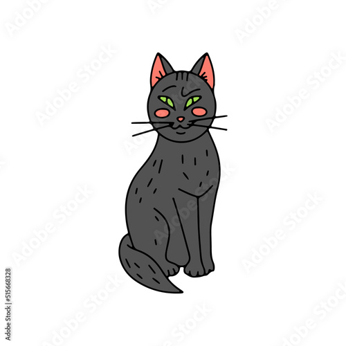 Cute sly grinning cat. Hand drawn line art Halloween illustration. Isolated on white