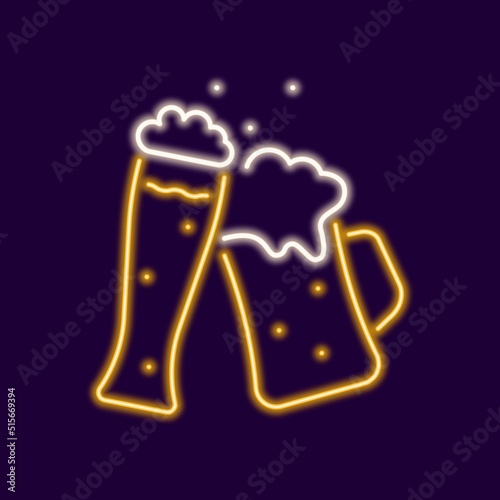 Neon mug of beer clinking with glass. Glowing yellow cup with refreshing drink with bubbles and white foam. Electric beer pub emblem for colorful vector design