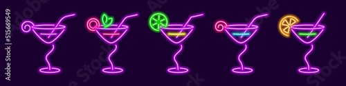 Purple cocktails in neon martini glasses with curved stem. Knickerborker with lime wedge and manhattan with lemon. Trendy glowing margarita with shades of rich vector blue lagoon.