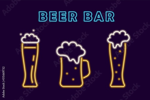 Beer bar with neon glasses and mug. Glowing yellow cup with refreshing drink with bubbles and white foam. Electric ale pub emblem for colorful vector design