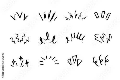 Drawings doodle set illustrations of lines showing concentrated lines, awareness, inspiration, sunburst, sun rays, surprises, etc.