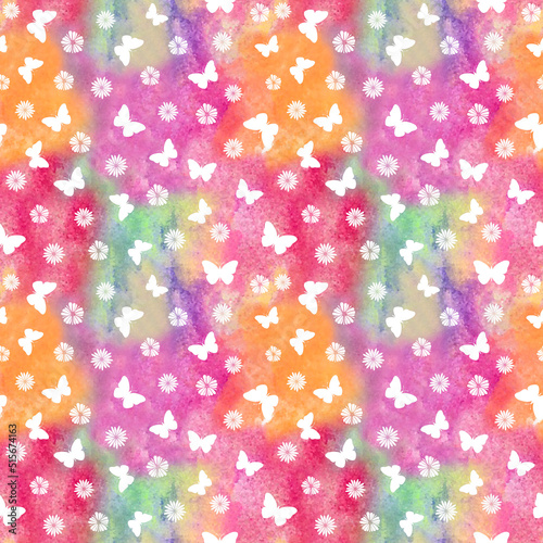 Illustration, seamless pattern of butterflies and flower on a multicolored background. T-shirt print, fashion print design, kids wear, wallpaper, greeting and invitation card.