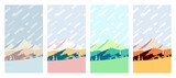 Colorful Seasons At The Mountains, Vertical Posters Vector Illustration Set. Winter, Spring, Summer And Fall Outdoor Collection, Hills And Mountain Peaks at Different Times Of The Year.