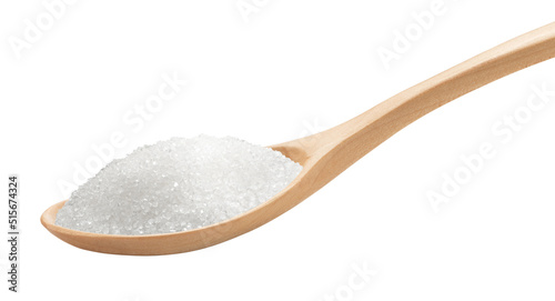 heap of sugar with distinguishable crystals in a wooden spoon isolated on white.