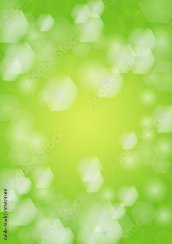 Abstract Green Background with Golden Circular Spot Lights.  Vibrant Sunlight  Summer and Spring Texture. Bokeh Blurry Template. Shiny Gradient Cover. Festive Christmass and New Year Snow on Green.
