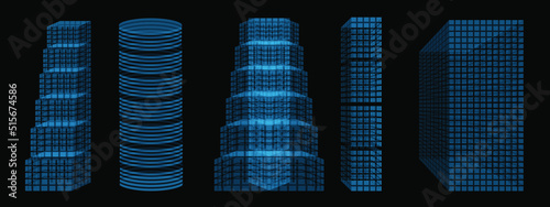 Building hologram set. Transparent isolated block and skyscrapers for technology concept.
