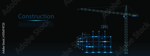 Construction site with crane in wireframe style with dots and lights.