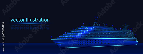 Cruise liner in wireframe style with dots and lights on dark blue background.