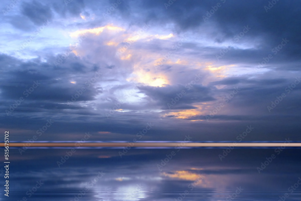 dramatic blue lilac sunshine cloudy sky  sunset on sea before storm nature landscape