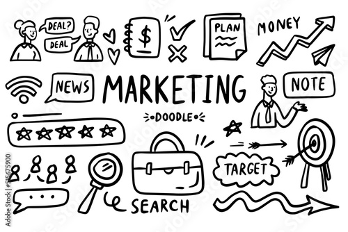 Marketing doodle vector set. Simple sketch outline office planning icons. Drawing element silhouette