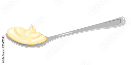 Cartoon silver spoon with mayonnaise, cream or cheese cream side view. Vector clipart isolated on a white background for a banners, apps with kitchen theme, menu and more.