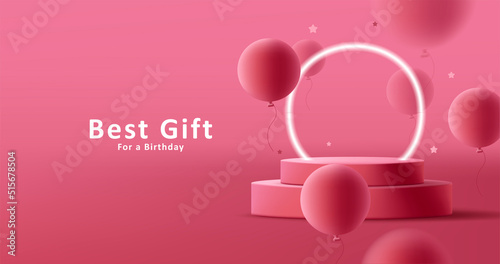 Product podium with neon lighting circle with balloons bouncing, red romanic color. Vector illustration