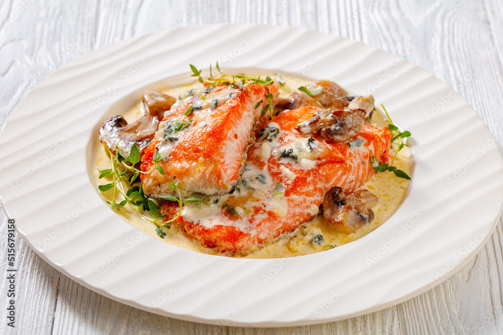 salmon fillet with creamy blue mold cheese sauce salmon fillet with creamy blue mold cheese sauce