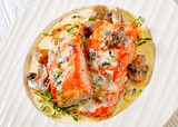 salmon fillet with creamy blue mold cheese sauce