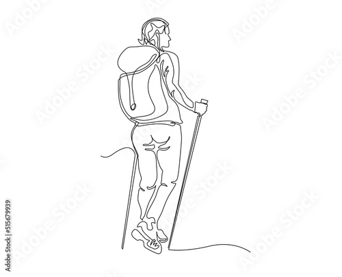 Continuous line of traveling person with backpacks.