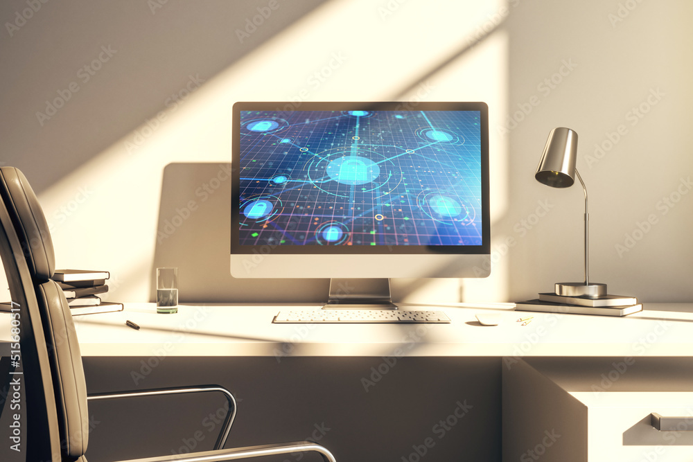 Modern computer monitor with creative lock hologram and chip. Information security concept. 3D Rendering Modern computer monitor with creative lock hologram and chip. Information security concept. 3D Rendering