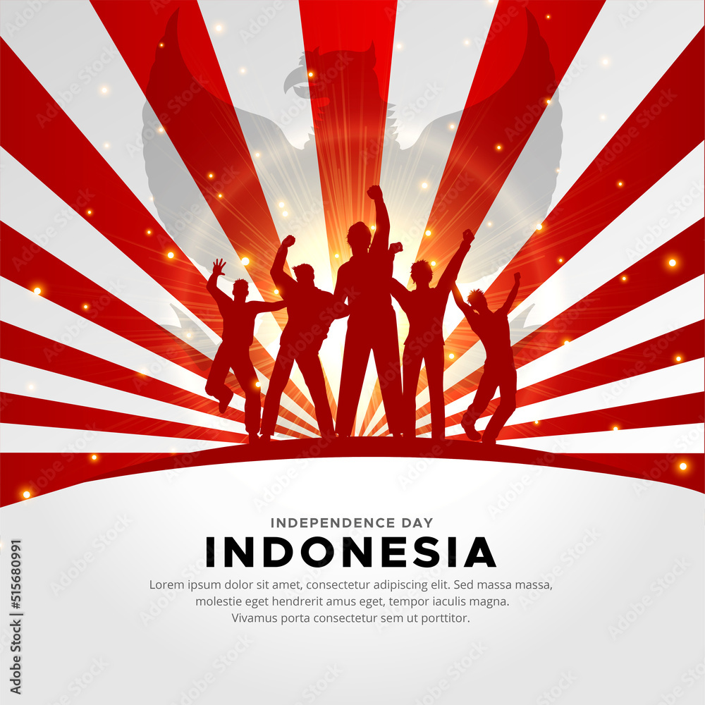 Obraz premium Modern Indonesia Independence Day design with cheerful youth and sunburst background