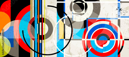 abstract background pattern, with circles, stripes, paint strokes and splashes, art in the bauhaus tradition