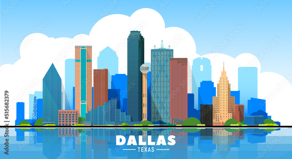 Dallas Texas skyline vector illustration. Blue background with city panorama. Travel picture.