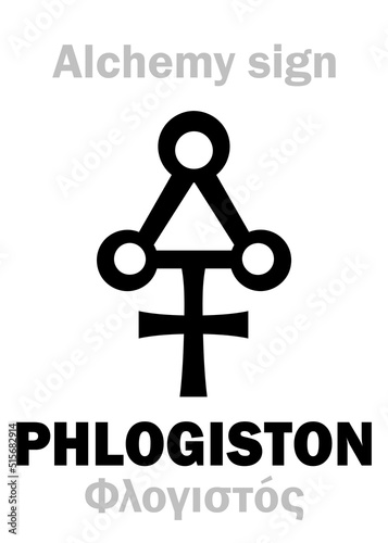 Alchemy Alphabet: PHLOGISTON (Φλογιστός < φλόξ “flame”) in Alchymia: Superfine matter, fiery substance, that fills all combustible substances and is released from them during combustion. Sign/symbol. photo