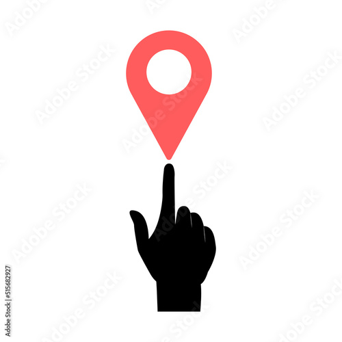 Hand points to a dot location. The concept of geodesy. Online tracking.