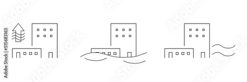 Flooded city icons set. Global problem with rising sea levels.