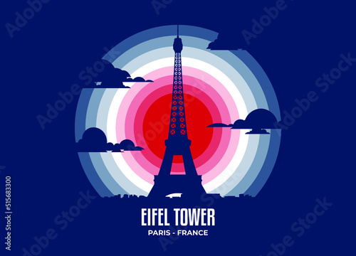 Eifel tower building silhouette in moonlight illustration. Color tone based on official country flag. Vector eps 10.