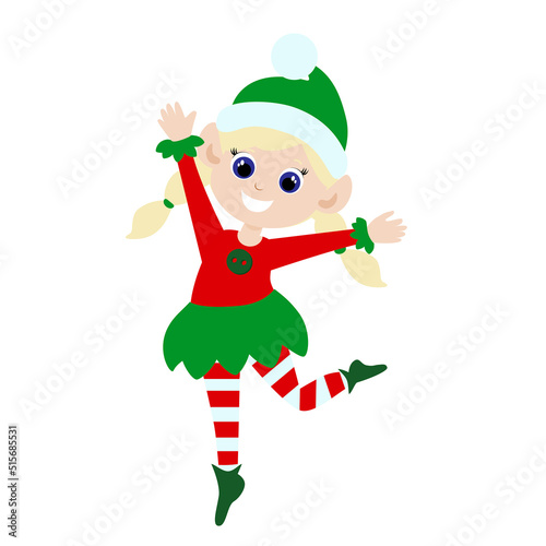 Little cute elf girl is jumping in delight. The child is dressed in an elf costume and she is happy. Cartoon vector illustration isolated on white background.
