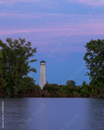 Vertical shot of the Lake St. Clair with the William Livingstone Memorial Lighthouse on background