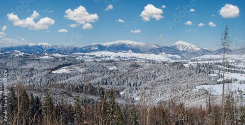 Winter remote alpine village outskirts, countryside hills, groves and farmlands view from mountain slope