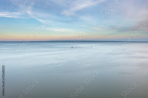 Aerial view of the Vistula Lagoon at sinset. Poland