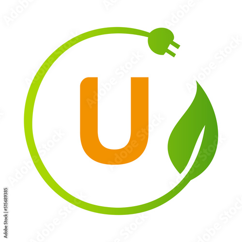 Letter U Green Energy Electrical Plug Logo Template. Electrical Plug Sign Concept with Eco Green Leaf Vector Sign
