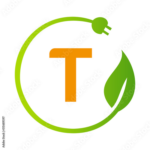 Letter T Green Energy Electrical Plug Logo Template. Electrical Plug Sign Concept with Eco Green Leaf Vector Sign