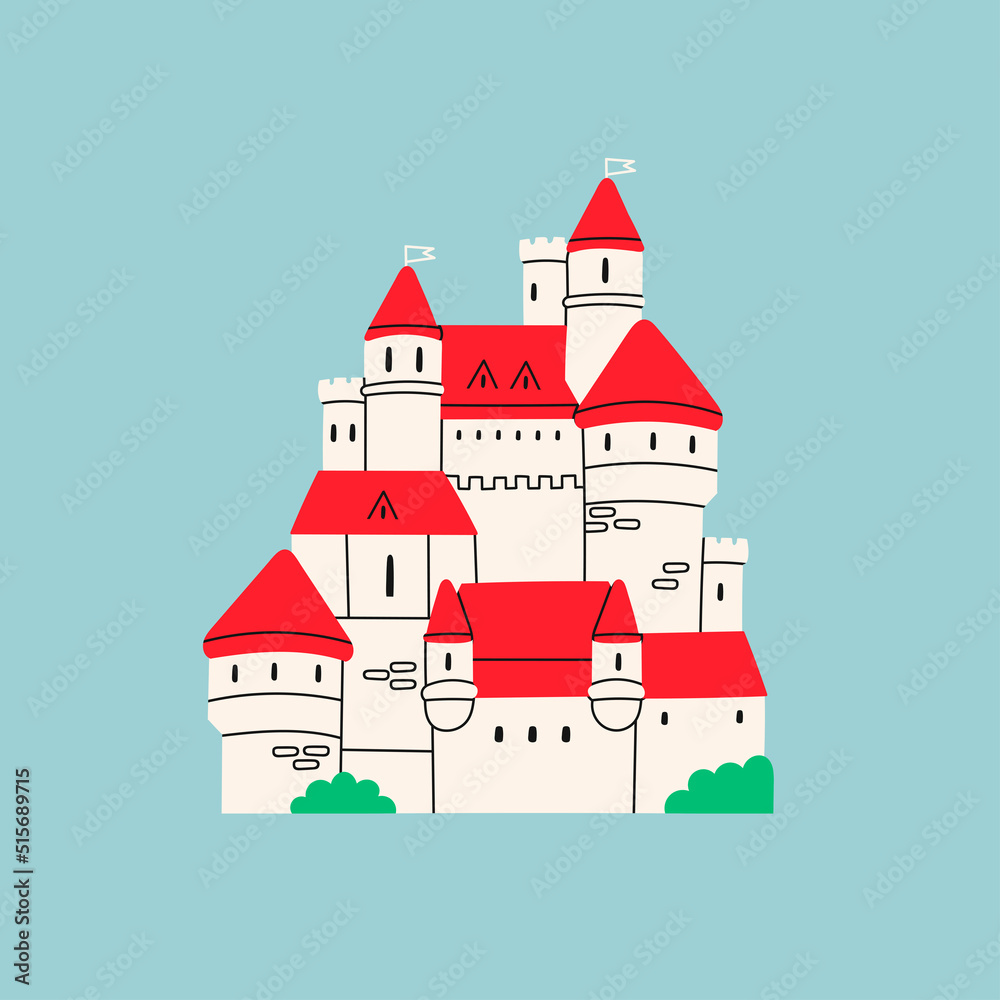 Medieval Castle. Red roof, white walls. Royal kingdom towers, fortified palace. Old towers, fortress or fairy-tale stone castle. Cartoon style. Hand drawn colored trendy Vector illustration