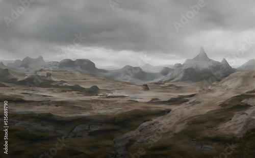 Beautiful painting of rocky landscape on gloomy day