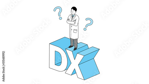 DXの文字の上に立つ医師のイラスト、医療DX、ベクター