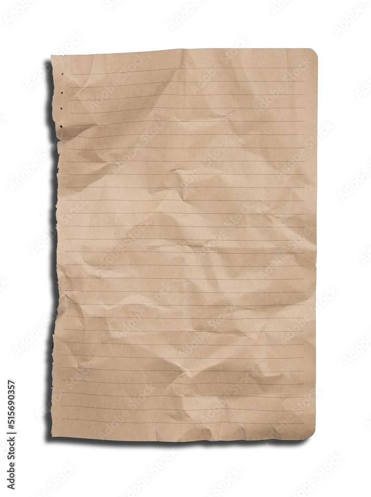 Crumpled brown paper sheet isolated on white,Old book