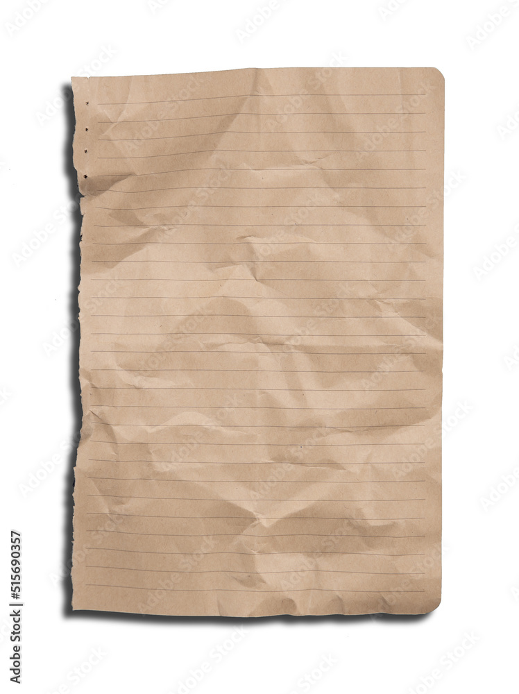 Crumpled brown paper sheet isolated on white,Old book Crumpled brown paper sheet isolated on white,Old book