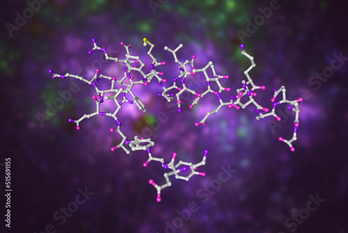 Structure of P53 tumor suppressor. Molecular model on colorful background. Rendering based on protein data bank entry 1c26. 3d illustration photo