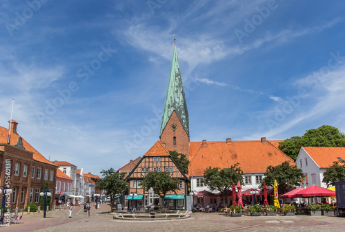 Church tower and market square in Eutin, Germany
