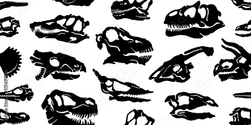 Fossil dino pattern. Seamless Dinosaur vector background. Paleontology silhouette print. Fossil pattern of skeleton skull. Diplodocus Velociraptor Pterodactyl Spinosaurus Ichthyosaur Tyrannosaurus Rex