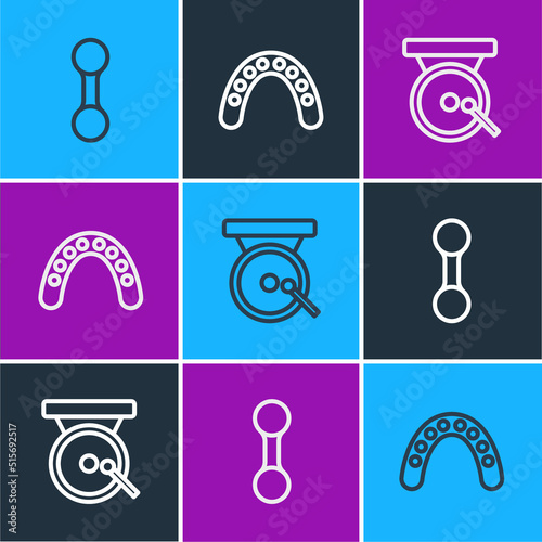 Set line Dumbbell, Boxing gong and Mouth guard boxer icon. Vector