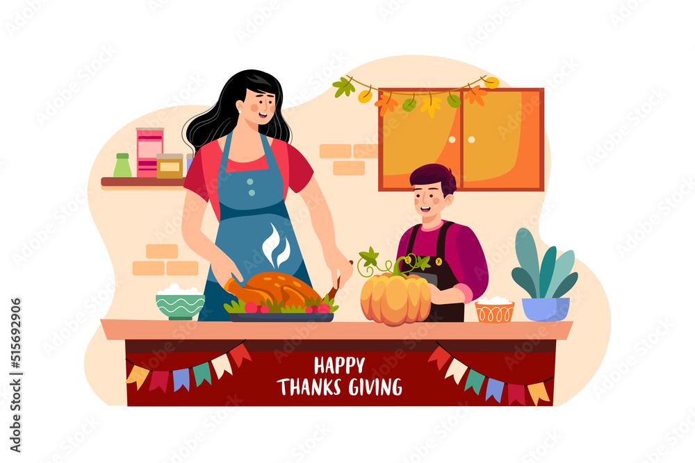 Mother and son are preparing food for Thanksgiving Day