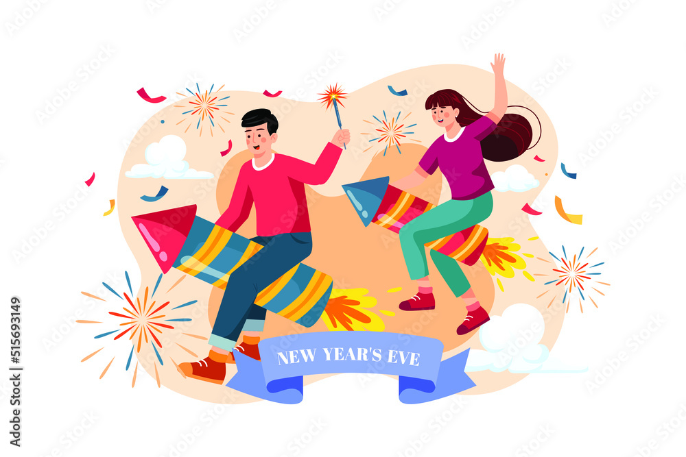 The Kids Riding New Year's Fireworks flat illustration concept on white background