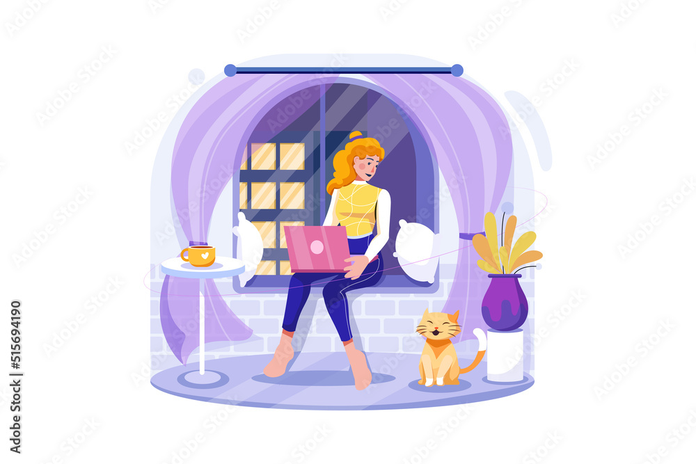 Fototapeta premium Woman working from home Illustration concept. Flat illustration isolated on white background
