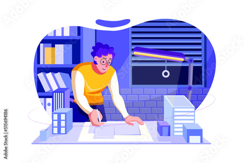 Man working till late hours flat illustration concept on white background