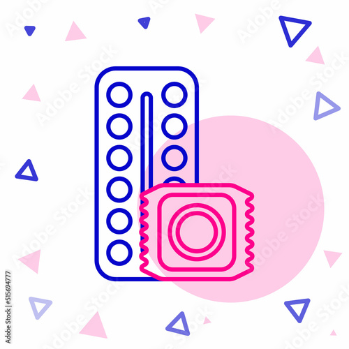 Line Packaging of birth control pills and condom in package safe sex icon isolated on white background. Contraceptive pill. Colorful outline concept. Vector Illustration