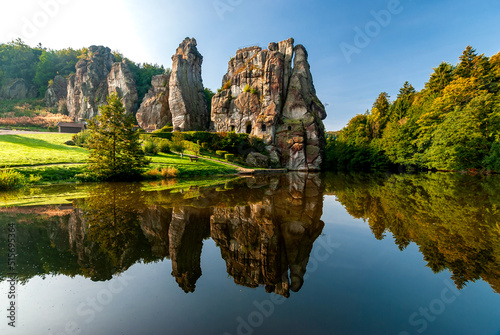 Famous rock formation Externsteine in the Teutoburg Forest near Paderborn in the state of North Rhine-Westphalia in Germany